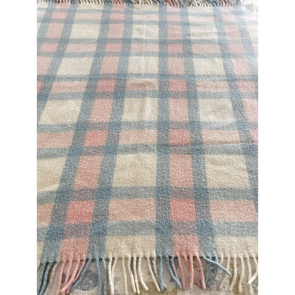 Vtg Simpsons Baby Blanket Pink Blue Plaid Pastel Fringed Made Italy 43x38 1980s